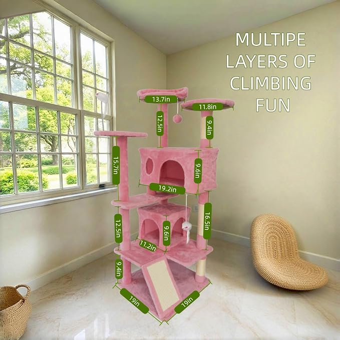 Cat Tree Tower for Indoor Cats,Cat House with Sisal Scratching Post,Multi-Level Cat Condo and 3 Large Platforms (Pink)