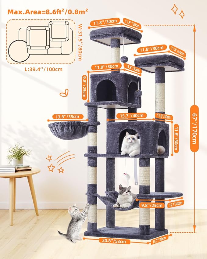 Taoqimiao Cat Tree, 67 in Tall Cat Tower with 2 Plush Cat Condos | 7 Scratching Posts, 2 Top Perches, Cozy Hammock & Basket, Indoor Cats, 2 Pompoms & Mouse Toy, Smoky Gray, MS013G