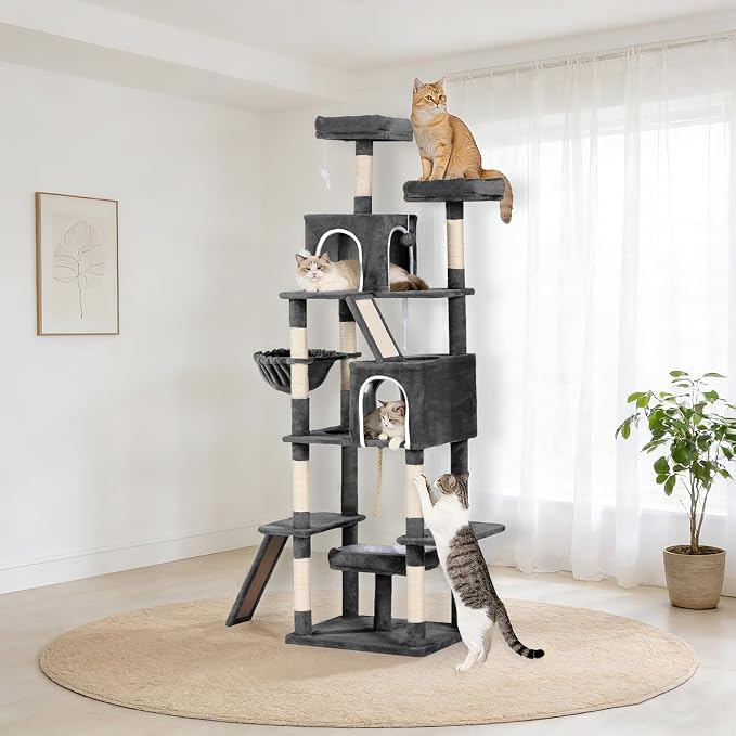 89 inch Cat Tree Tower - Extra Tall Multi-Level Cat Furniture with 2 Cozy Condos, Natural Sisal Scratching Posts, Plush Perches and Hammock for Large Indoor Cats (Black)