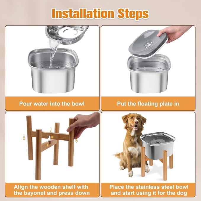 Decflow 3L Elevated Dog Water Bowl, Stainless Steel Raised Food Dispenser with Stand, Large Capacity No Spill Dog Water Bowl for Small, Medium and Large Dogs | Raised Feeder with Wood Stand, spill proof Design, Large Capacity, for Small Medium Large Do...