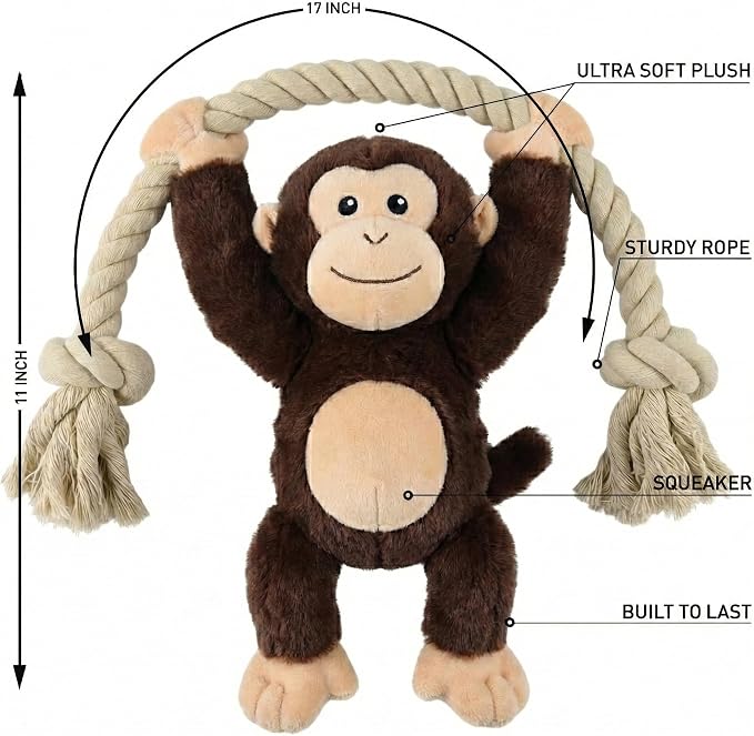 Native Pup Dog Toy Rope and Plush Stuffed Squeaker, Tug of War Toys for Dogs, Puppy Welcome Home Add on for Pets (Monkey)