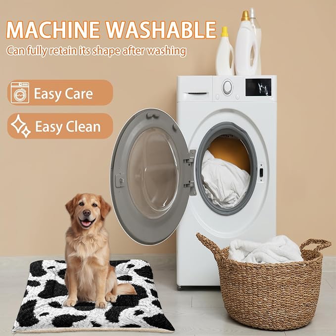 HOSIMA Cow Fur Print Dog Mats for Sleeping,Western Farmhouse Animal Themed Fuzzy Pet Bed Mat,38L*32W Inch,Suitable for Medium Dog Bed,Washable Soft Cozy Black-White Pet Pad.