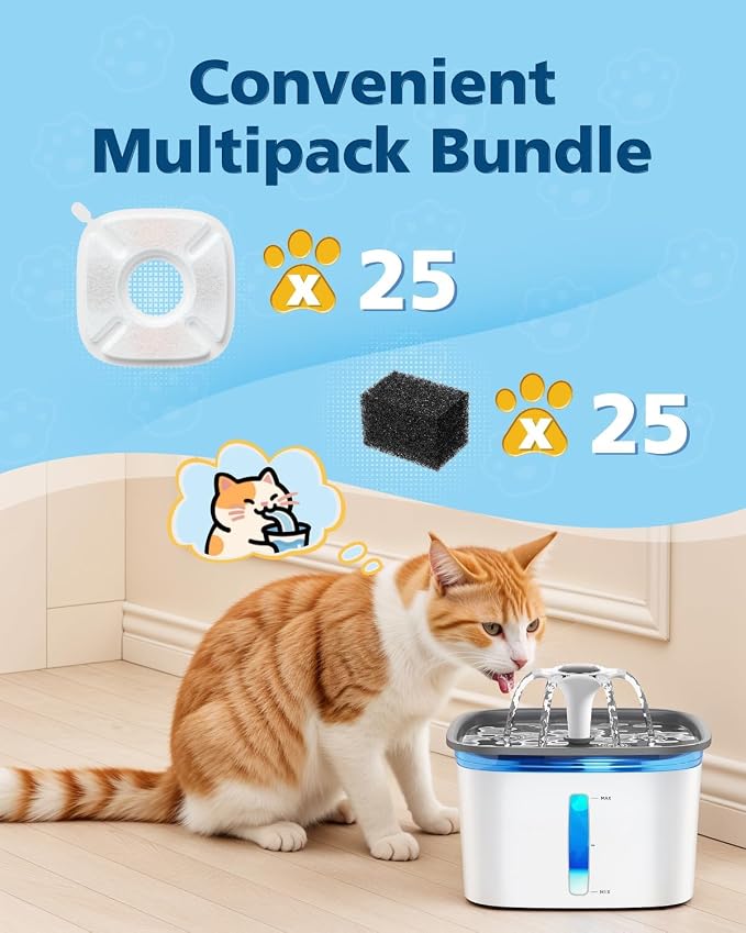 50 Pcs Cat Water Fountain Filters for Veken 95oz/2.8L, 67oz, 135oz Dog Water Fountain Automatic Pet Fountain Dog Water Dispenser 25Pcs Pet Fountain Filter Replacement & 25Pcs Pre-Filter Sponges