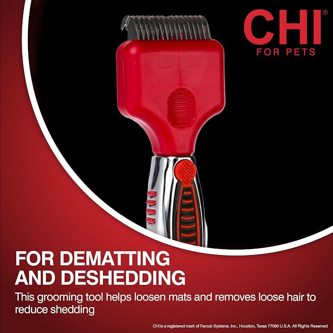 CHI for Dogs Dematting and Deshedding Undercoat Rake Dog Grooming Tool Long Hair and Double Coats Rounded Blade Teeth Remove Mats and Loose Undercoat Detangling Rake Shedding Control Ergo Handle