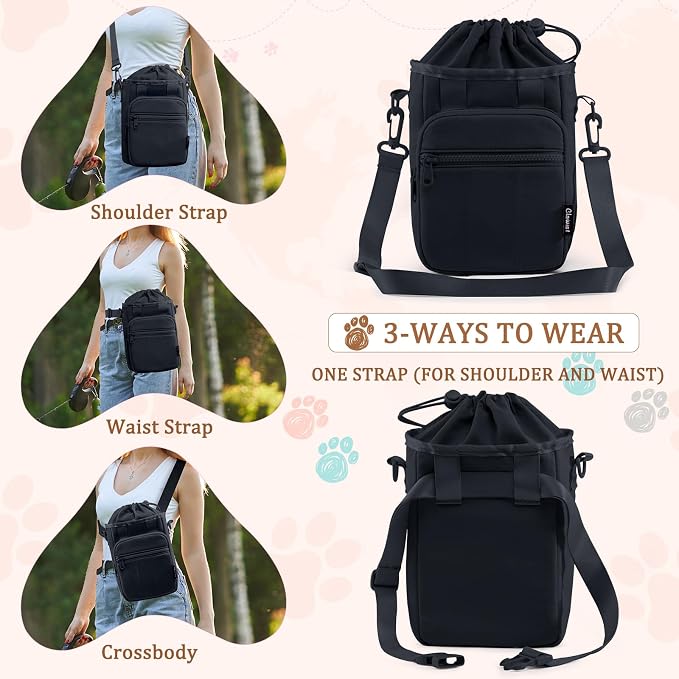 Stylish Dog Training Treat Pouch with Waist & Shoulder Strap, Dog Treat Bag for Walking and Training, Removable Waterproof Liner, Drawstring Treat Holder with Front Pocket & Clicker