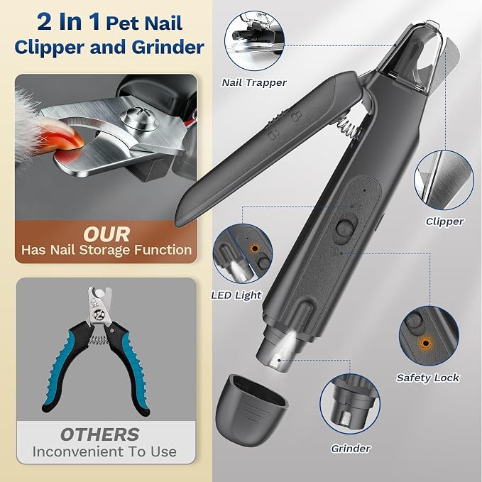Pet Nail Clipper with Light, Type-c Dog Claw Trimmer & Grinder | Rechargeable Cordless Dog&Cat Cutter, Safety Lock & Catcher, Stainless Blades Grooming for Small Medium Large Pets, Black