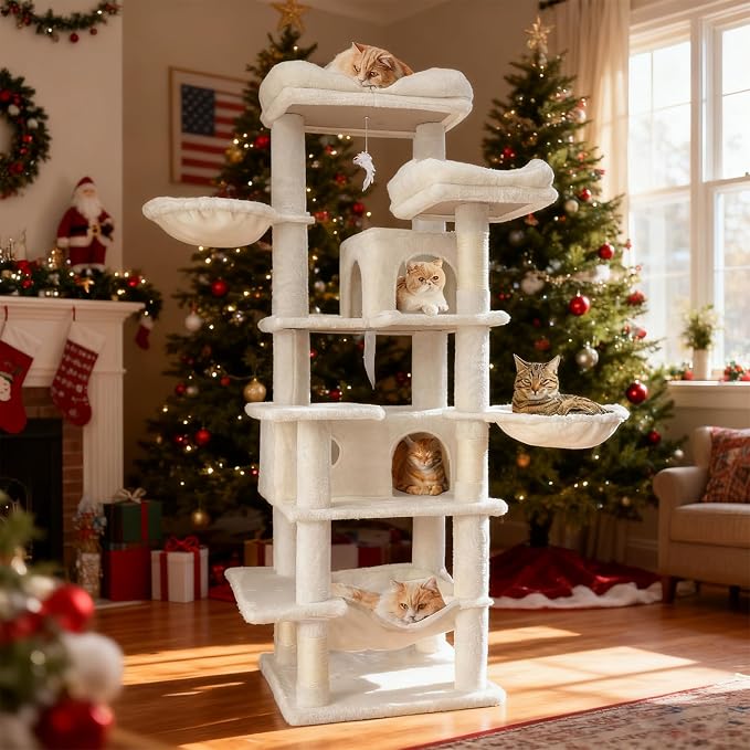 Beige 68 Inches Multi-Level Large and Tall Cat Tree Tower for Indoor Cats/Removable Pad/Cat Condo/Sisal Scratching Posts/Hammock/Cat Activity Center/Wide Base,White