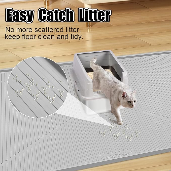 Silicone Cat Litter Mat 45" x 30" Cat Mat for Litter Box, Light Grey | Extra Large Cat Litter Trapping Mat for Floor, Waterproof, Non-Slip Kitty Litter Box Mat with Raised Edge, Easy to Clean