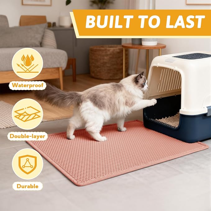 Pieviev Litter Mat, Double-Layer Waterproof Design, 30" x 24" Coral Red | Honeycomb Litter Trapping Mat Captures Scattered Particles to Stop Tracking, Waterproof Base Protects Floors, Easy to Clean