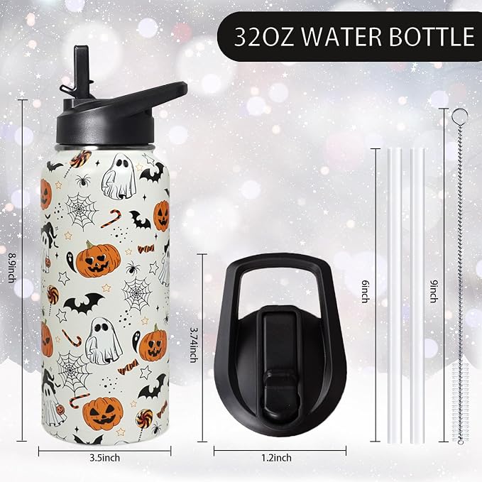 32oz Halloween Boo Pumpkin Insulated Aater Water Bottle with Straw Gym Hiking Sports Coffee Mug Cup Water Bottles,Halloween Gifts for Women,Halloween Decor Stuff Accessories