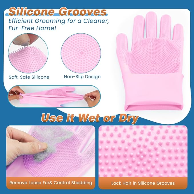 7 PCS Pet Grooming Kit for Dogs and Cats | Dog Washing Gloves | Dog Bath Brush | Cleanroom Gloves | Dog Shampoo Brush | Finger Toothbrushes | Storage Bag | All-in-One Pet Care (Pink)