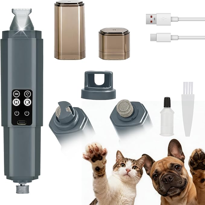 Dog Nail Grinder Quiet, 2-in-1 Paw Pad Trimmer with Light for Pets | 50dB Safe Electric Painless Grooming, 3 Grinding Ports for Paws, Faces, Ears and Body of Small & Medium Cats and Dogs
