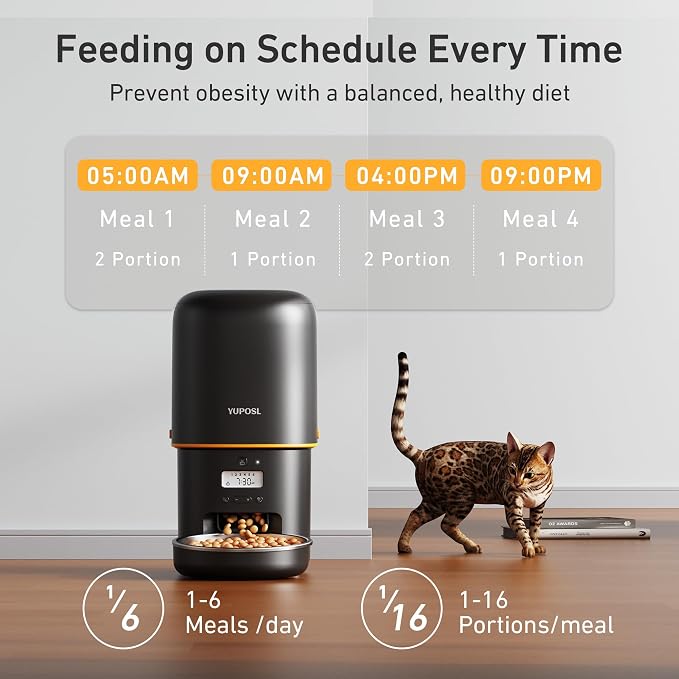 Automatic Cat Feeder, 4L Cat Food Dispenser with Anti-Jam Design, Over 180-day Battery Life, 1-6 Meals Per Day with Stainless Steel Cat Bowl, Keep Dry Food Fresh, Timed Pet Feeder Also for Small Dog