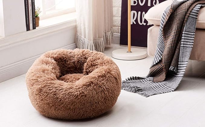 Modern Soft Plush Round Pet Bed for Cats or Small Dogs, Mini Medium Sized Dog Cat Bed Self Warming Autumn Winter Indoor Snooze Sleeping Cozy Kitty Teddy Kennel (20'' D x 8'' H, Coffee)