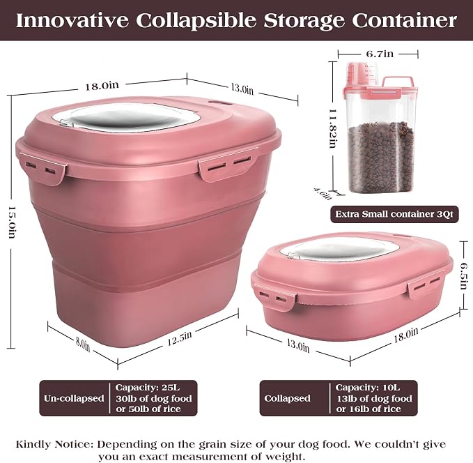 TIOVERY Dog Food Storage Container, Airtight Collapsible 13lb to 30lb Pet Food Container with Flip Top, Rolling Wheel, Scoop and a small container for Dog Cat Food and Dry Food of Rice, Flour