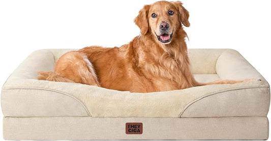EHEYCIGA Orthopedic XL Dog Bed for Large Sized Dog, 42x30 Inch Extra Large Memory Foam Dog Couch Bed with Sides, Waterproof Liner & Washable Removable Cover, Bolster Pet Sofa, Beige