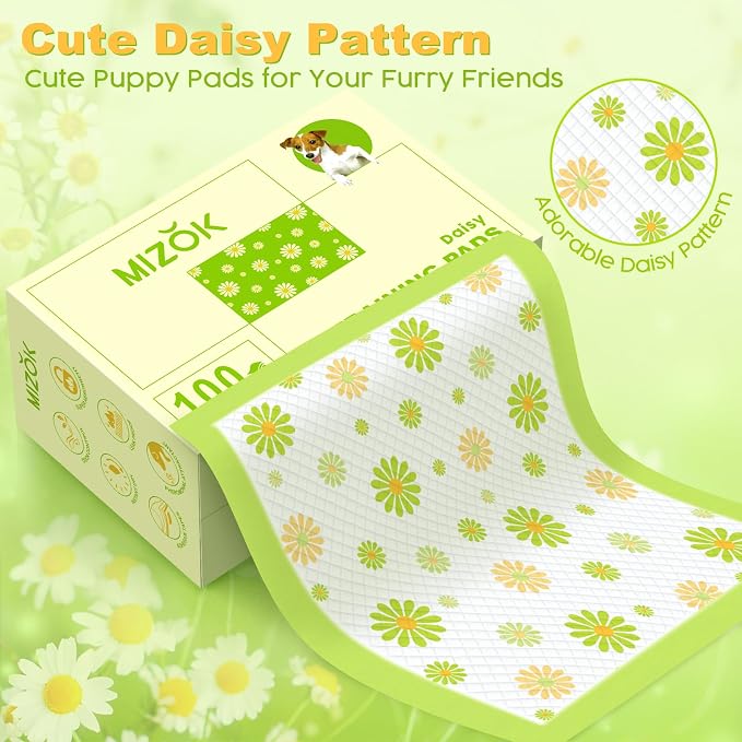 MIZOK Puppy Pads 100 Counts 22"x22" , Dog Pee Pads 6-Layer Super Absorbent & Leak-Proof, Daisy Pattern, 4-Corner Adhesive Tabs, Wee Wee Pads for Puppies & Small Dog Breeds