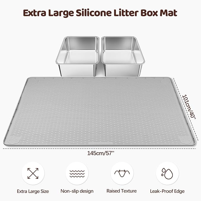 Silicone Cat Litter Mat for Litter Box 57”x40” Large Cat Mat, Light Grey | Waterproof, Non-Slip, Leak-Proof Rug Mat with Lip, Easy to Clean, Extra Large Litter Catcher Mat for Floor
