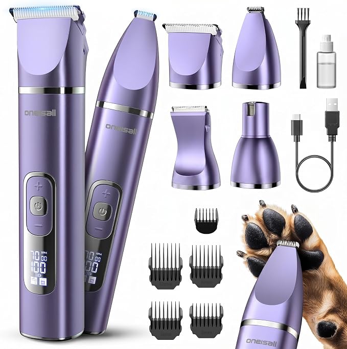 oneisall 4 in 1 Dog Grooming Kit with LCD Display Purple | Paw Hair Trimmer & Nail Grinder, Rechargeable, Cordless, Low Noise, IPX7 Waterproof, 3 Speeds Pet Grooming Clippers
