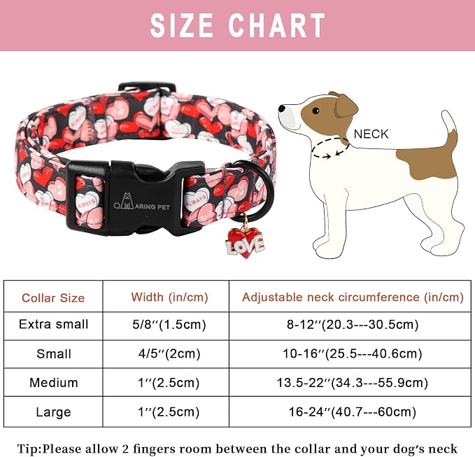 ARING PET Valentine's Day Dog Collar, Cute Black Red Heart Adjustable Valentines Pet Collars with Quick Release Buckle for Girl&Boy Dogs-XS