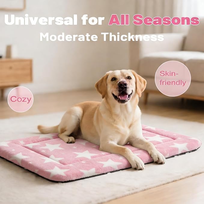 Dog Bed Mat, Reversible Crate Pad & Durable Dog Bed - Machine Washable Kennel Mat with Ultra Soft for Medium Dogs (Big&Small Stars Pink, 30" L*20" W*1.5" Th)