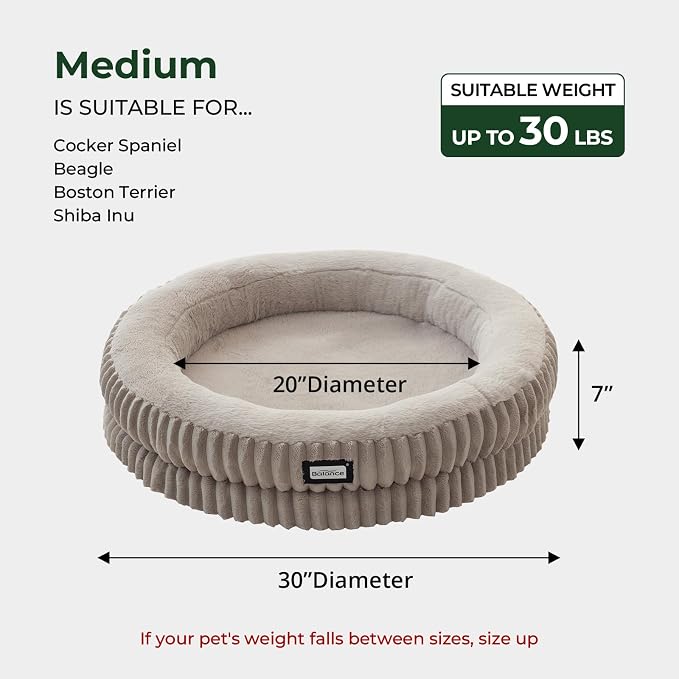 BALANCE Donut Dog Bed, 30 Inches Round Dog Bed Medium Size Dogs Washable, Orthopedic Calming Dogs Beds for Kitten, Fluffy Plush Faux Fur Pet Bed with Anti-Slip Bottom