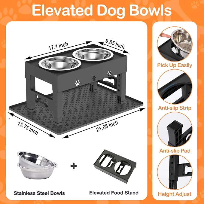LAKIPETN Elevated Dog Bowls with Mat, Raised Dog Food Bowl Stand with 2 Stainless Steel Bowls, 5 Height Adjustable (3.1", 9", 10", 11", 12") Non-Slip Feeder Set for Medium and Large Dogs – Black