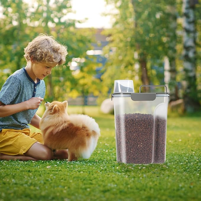 LEAWALK 5-7Lbs Cat Dog Pet Food Storage Container with Large Nozzle Design/4 Safety Buckles/Double-Layer Sealing Strips/Handle/Measuring Cup is Easy to Clean and Does -Khaki