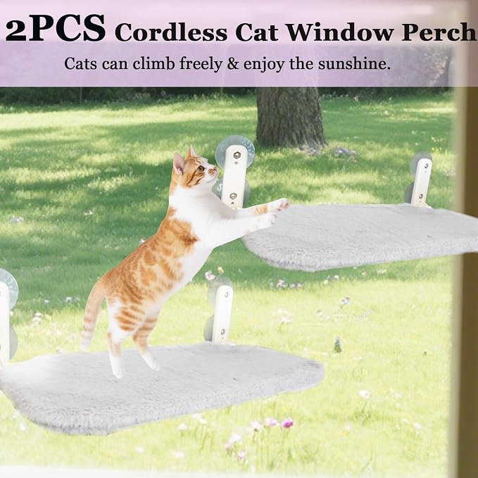 2 PCS Window Cat Bed (Medium 20.4''×11.8'') - Machine Washable Cover, 4 Large Suction Cups, Solid Metal Frame - Cordless Foldable Cat Window Hammock for Indoor Cats (2×Grey)
