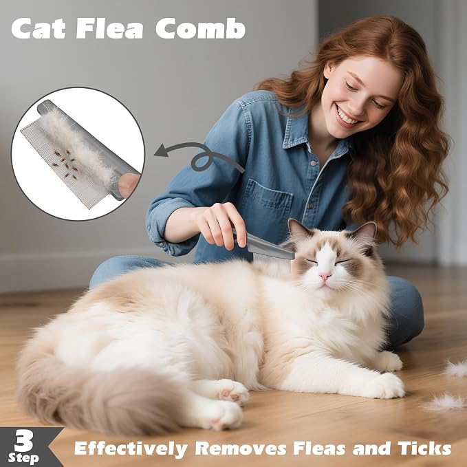 3PCS Cat Grooming Supplies, Cat Brush & Nail Clipper/Trimmer & Flea Comb for Shedding Indoor Cats Essentials Stuff Accessories (Grey)