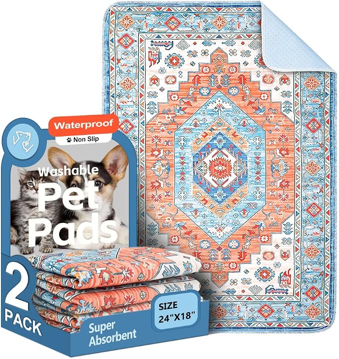 Washable Pee Pads for Dogs, 2 Pack Reusable Puppy Training Pads 24"x18" Super Absorbent Waterproof Dog Training Pads, Non-Slip Potty Pads, Whelping Pads Litter Mat Orange/Mix