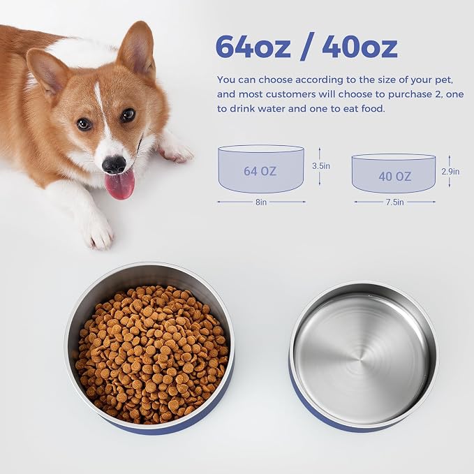 WENBOKMIN Dog Bowl, Stainless Steel Dog Food and Water Bowl with Non Slip Quiet Bottom, Easy to Clean, Dishwasher Safe, 40oz, Blue