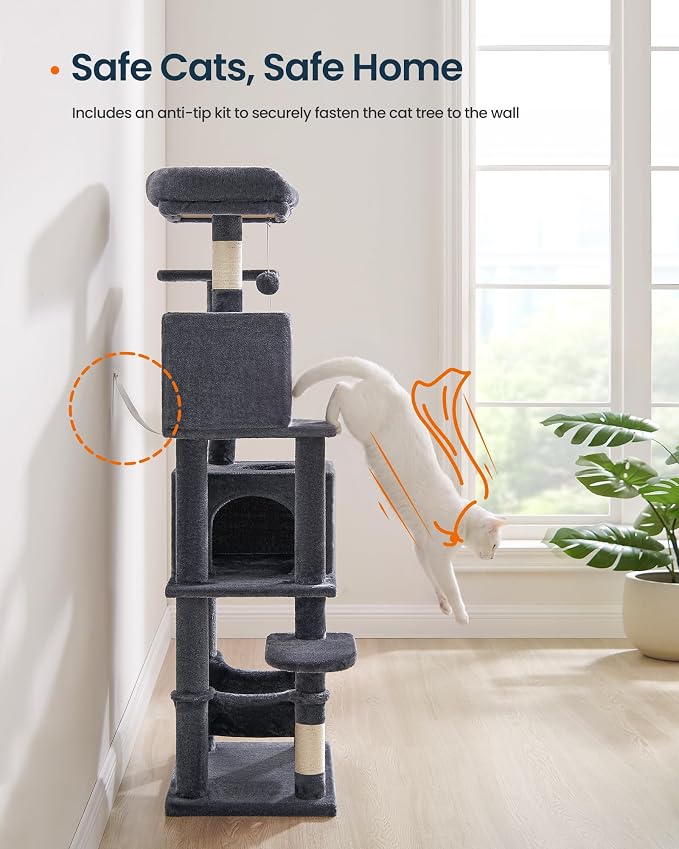 SONGMICS HOME Cat Tree for Indoor Cats, Multi-Level Cat Tower with Sisal Scratching Posts, Hammock and Condo, Dark Gray