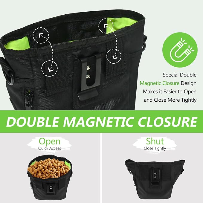 Dog Treat Pouch, Magnetic Closure, Dog Clicker- Black | Dog Training Treat Pouch, Large Size, Nylon Material, Magnetic Closure & Clicker, for Walking, Obedience & Outdoor Use