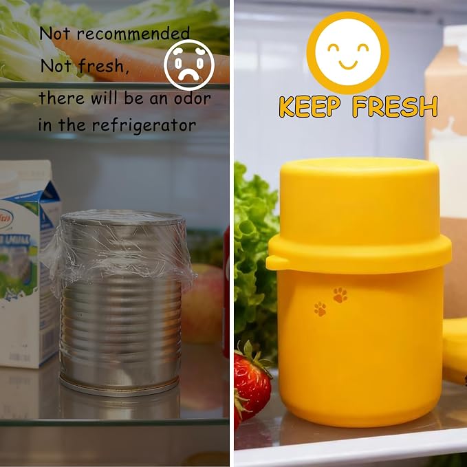 Original Canned Dog Food Storage Container & One Can Spoon | Silicone Can Cover Pet Food Sealer & Cute Paw Shape Opener Spatula | BPA Free, Airtight, Dishwasher & Freezer Safe (Orange+Pink)