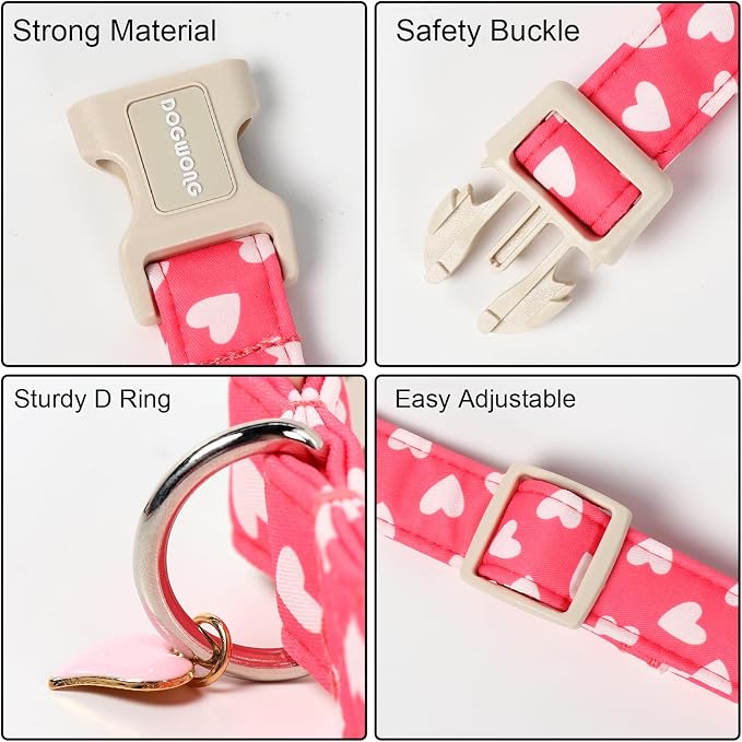 DOGWONG Dog Collar Plastic Buckle Collar for Valentine's Day Gift Pink Heart Love for Small Medium Large Boys Girls Dogs
