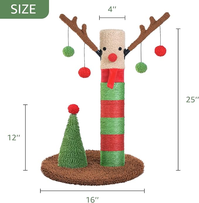 BOLUO Christmas Cat Scratching Post Deer Cat Trees for Adult Cats Scratcher Cute Toy Kitten Kitty Sisal Scratch with Teaser Ball Indoor 25 inch