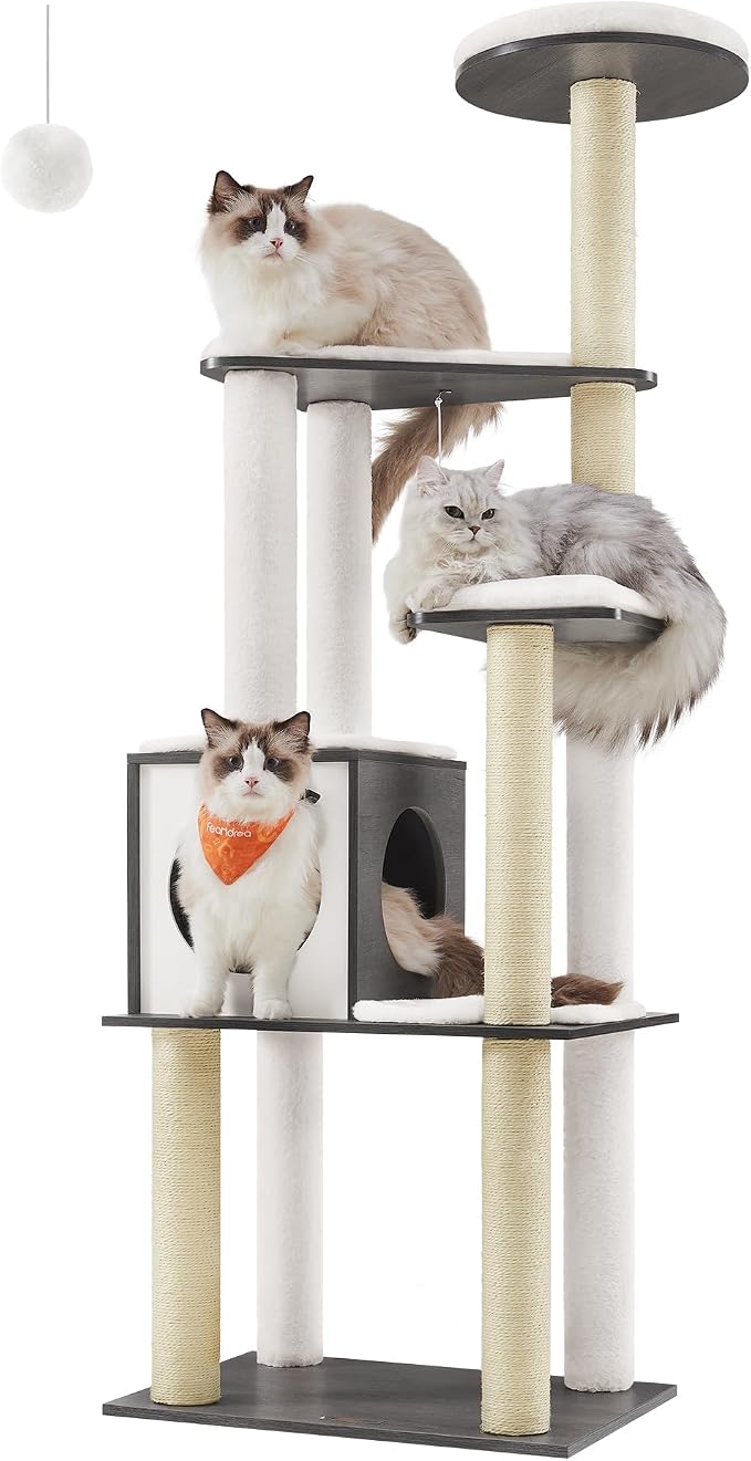Feandrea Cat Tree, 65-Inch Multi-Level Tower with 5 Scratching Posts | Modern Cat Condo for Indoor Cats, Perch, Washable Removable Cushions, Misty Gray, CAEN Collection UPCT166G03