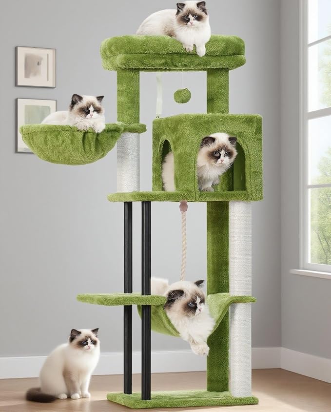 Cat Tree, 43.3'' Cat Tower with Hammock for Kittens GCT004SGR | Cat Condo House for Small Indoor Cats, Basket, Scratching Post, Large Platform, Sturdy Steel Tube, Sisal Rope, Green