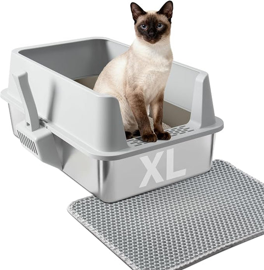 Stainless Steel Litter Box with Lid L to XL, XLarge Metal Litter Box for Big Cats, High-Sided Cat Litter Boxes for Anti Urine Splash, Odor Control,Easy to Clean, Includes Scoop and Mat