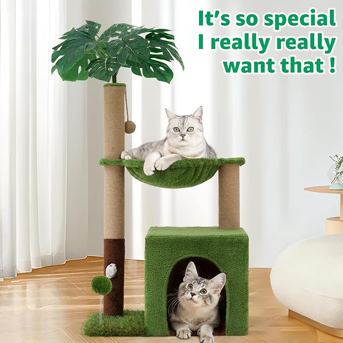 WOOCHPET Palm Tree Cat Tree 37 Inch Scratching Post Tower Tropical Jungle Playground with Natural Jute Sisal Rope Cozy Plush Hammock Private Cave Condo Toy Mouse Stable Faux Grass Base