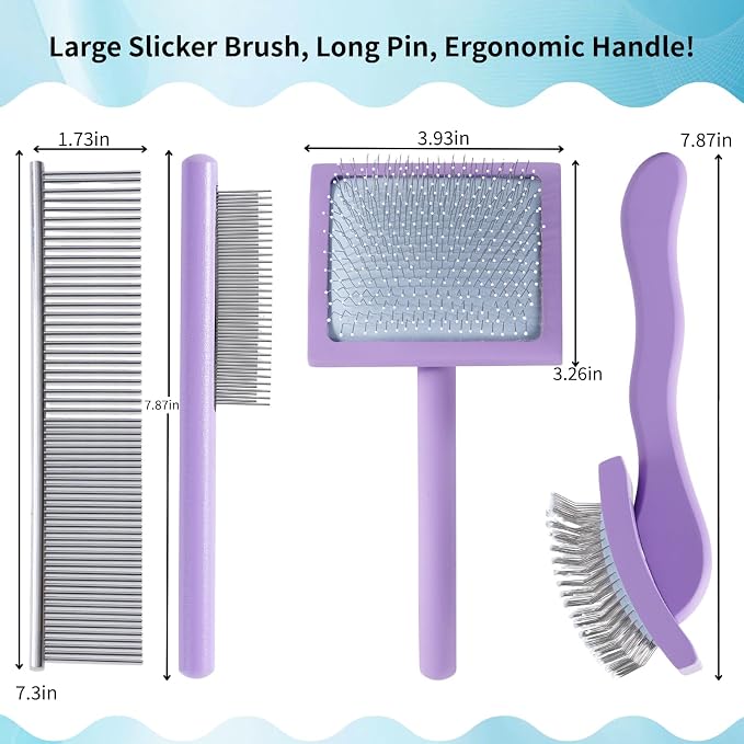 Purple Slicker Brush Long Haired Dog Wooden Handle Coated Pins | Skin-like non-slip coating, odor-free.Pins come with protective rounded tips, Ergonomic Slicker brush for long-haired dogs,