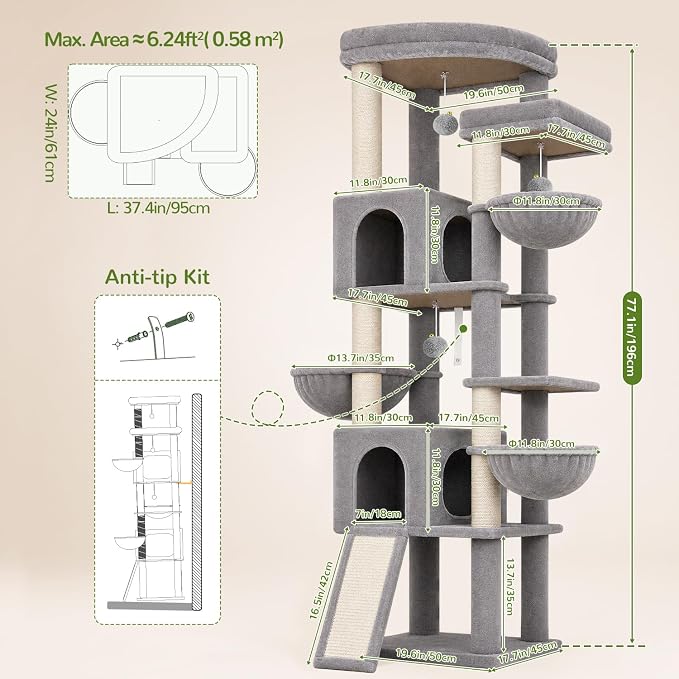 Globlazer 77in Cat Tree Tower for Indoor Cats Large Adult, F77, Light Grey | Heavy Duty Multi-level Climbing Tower with 6 Scratching Posts & Board, 2 Roomy Condos, 2 Padded Perches, 3 Sturdy Baskets