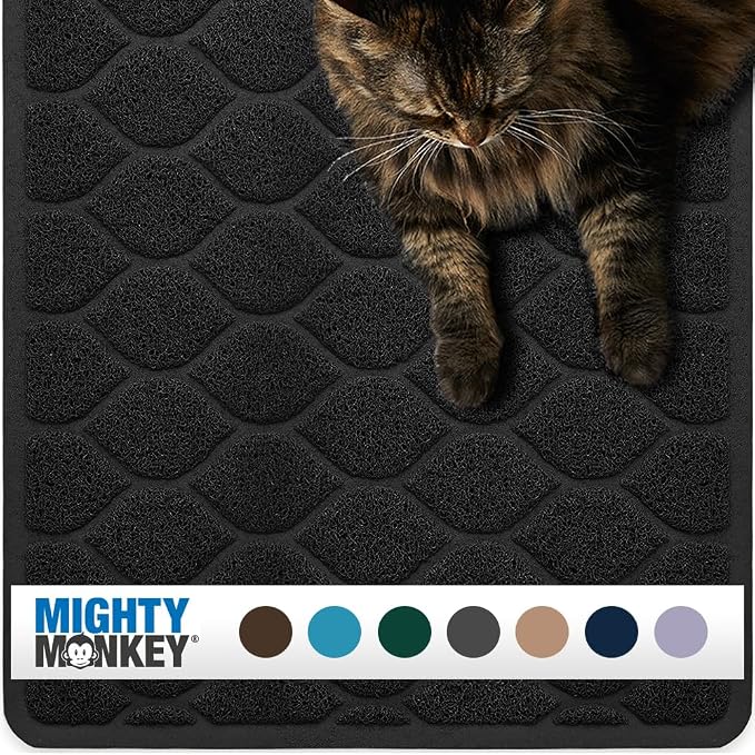 MIGHTY MONKEY Waterproof BPA Free Cat Litter Box Trapping Mat, Easy Clean Floors, Textured Backing, Soft on Sensitive Kitty Paws, Cats Accessories, Less Waste, Stays in Place, 35x23, Black