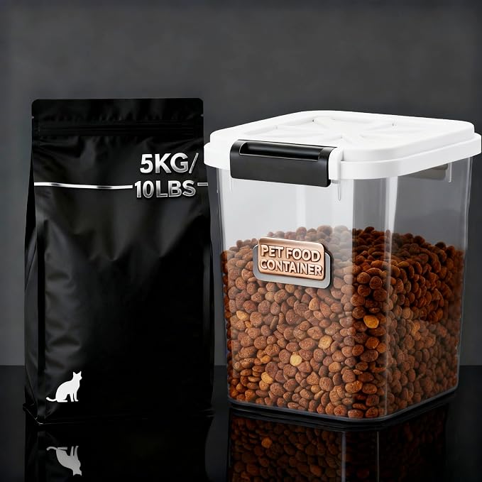 LivLab Mker 6 lb Airtight Dog Food Storage Container with Scoop, White | Airtight snap-lock lid, clear BPA-free body, and measuring cup keep dry dog or cat food, treats, cereal, and grain organized.