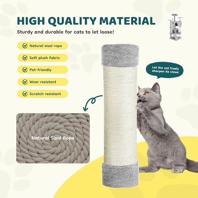 DUMOS 54 Inch Cat Tree Tower with Scratching Posts, Indoor Use | Multi-Level Pet House for Large Cats with 2 Condos, Round Platform, Small Ladder and Toys, Light Grey