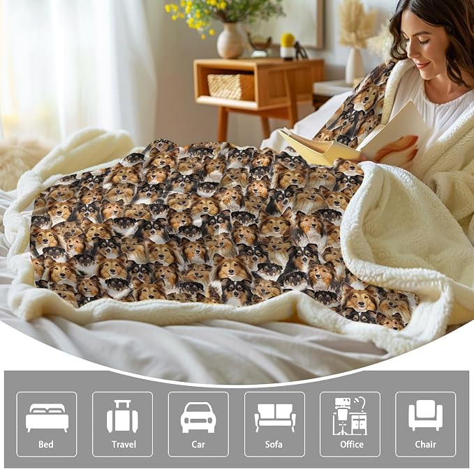 BlessLiving Shetland Sheepdog Blanket Fuzzy Dog Blanket for Kids Adults Puppy Lovey Fleece Blanket Shetland Sheepdog Pattern Sherpa Throw Blanket Shetland Sheepdog Gifts for Women (50 x 60 Inches)