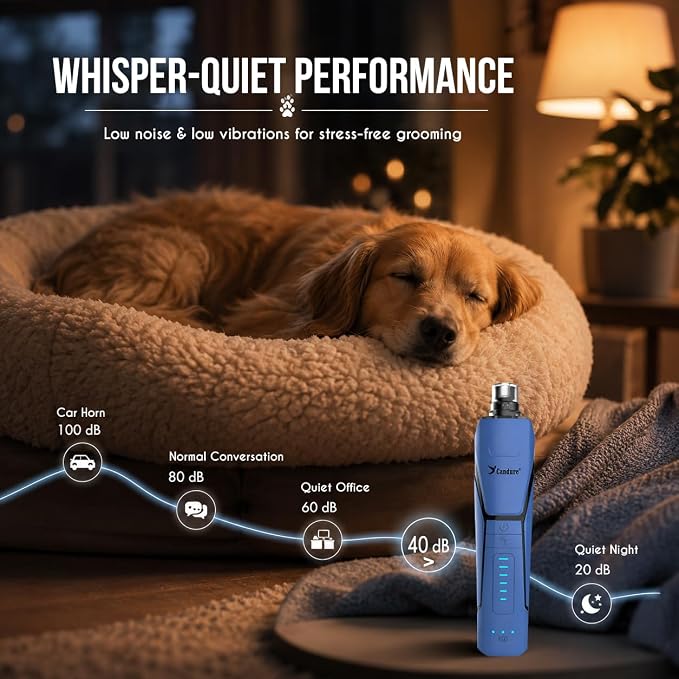Candure Whisper Quiet Dog Nail Grinder with 360 Degree LED Light, 6-Speed Rechargeable Pet Nail Trimmers with Extra Grinding Head for Safe, Stress-Free Grooming for All Pet Sizes (Dark Blue)