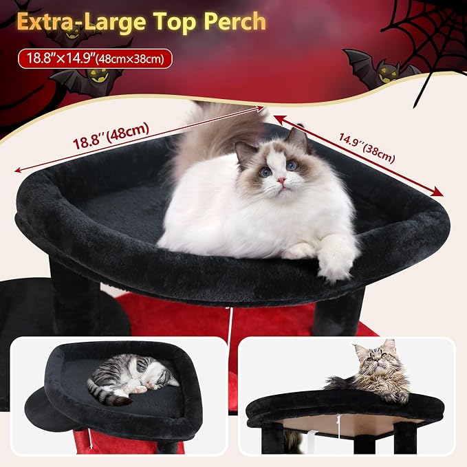 Globlazer 66in Gothic Corner Cat Tree for Indoor Large Cats, C66, Black Red | Space-Saving Stable Goth Cat Tower with 6 Scratching Posts, 2 Large Fan-shaped Condos & Top Perch, Hammock, Climbing Steps