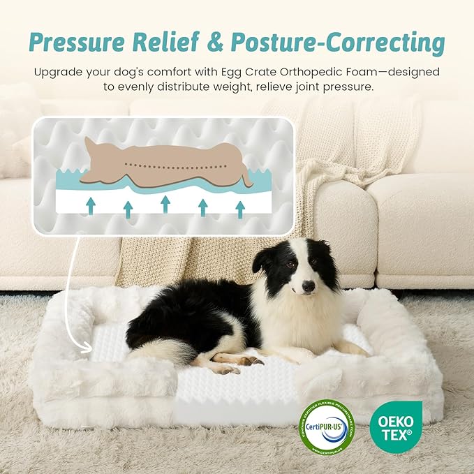 COZY KISS Orthopedic Dog Bed for Extra Large Dog 44x32 inch, XL Faux Fur Pet Sofa, Bolster Foam Bed with Sides, Non-Slip and Egg-Crate Big Dog Couch Bed with Washable Removable Cover, Beige